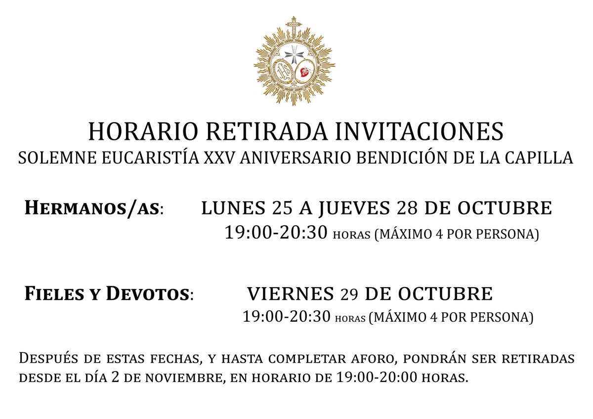 SOLEMNE EUCARISTÍA XXV ANIVERSARIO BENDICIÓN CAPILLA | El próximo día 6 de noviembre, a las 17:30 h., celebraremos Solemne Eucaristía oficiada por S.E.R. Fray Carlos Amigo Vallejo en el umbral de la Capilla, presidida por la Sagrada Imagen de Ntro. Padre Jesús del Gran Poder.