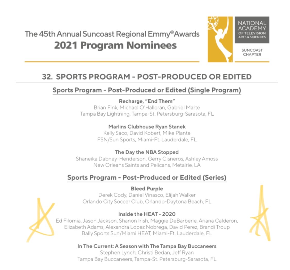 SKI2828's tweet photo. Very honored for this nomination with my incredible team for one of the best shows we have done in years! #insidetheHEAT @magdebar @TheJaxShow @mrseliadams @AlexNobregaTV @David_Perez728 @ary_fsu09 https://t.co/Ek9xD2nsYz