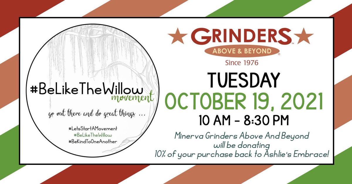 Lunch/Dinner plans?! Don’t forget to eat at <a href="/grindersneohio/">Grinders</a> of Minerva TODAY! Dine-in or carry-out! 10% of sales goes back to <a href="/AshliesEmbrace/">Ashlie's Embrace</a>! 

Remember to donate your frequent diner points, too! Every $5 coupon earned, gets DONATED BACK in cash to Ashlie’s Embrace, too!