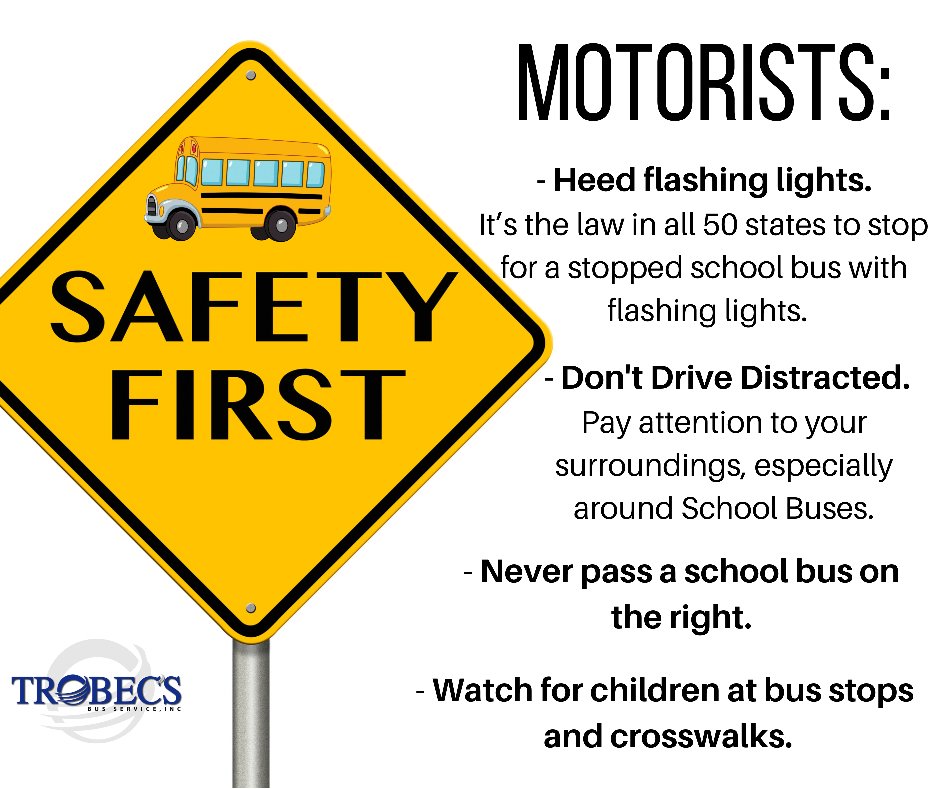 TrobecsBus's tweet photo. Here are a few safety reminders for motorists out on the road. It is imperative we are all cautious driving near school buses and watching for pedestrians during pick up/drop off times as kids are in crosswalks and waiting for their bus. #NationalSchoolBusSafetyWeek https://t.co/pGuPZWG52x
