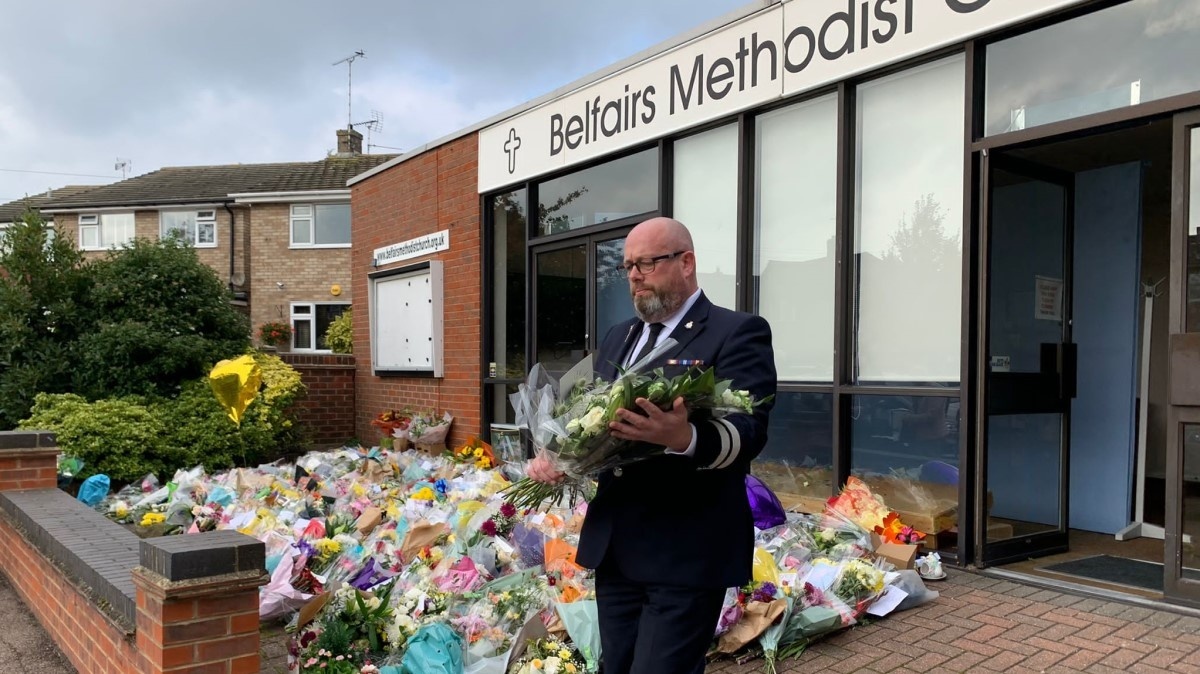 Floral tributes at Belfairs Methodist Church in memory of Sir David Amess MP, are being relocated to Iveagh Hall, Leigh-on-Sea, Sir David’s constituency office. Notes and cards are also being removed and will be carefully preserved for the family. orlo.uk/NftyJ