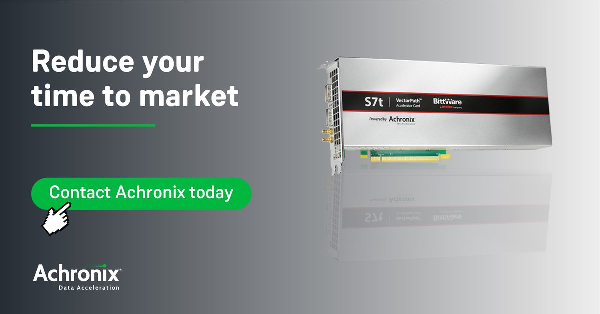 AchronixCorp's tweet image. Get started w/ VectorPath #acceleratorcard featuring Speedster7t #FPGA ⚡

☑️ PCIe Gen4 ×16 w/ qualification path &amp;gt; Gen5
☑️ 400G + 200G #Ethernet connectivity
☑️ 8 channels of #GDDR6 delivering 4 Tbps memory 
☑️ And more!

Contact Achronix to Get Started: achronix.com/contact-us