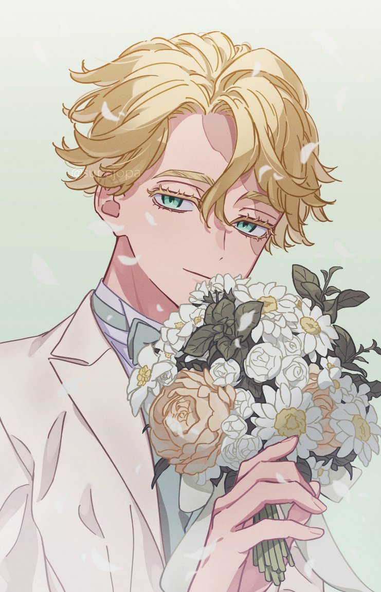 blonde hair flower 1boy bouquet solo male focus short hair  illustration images