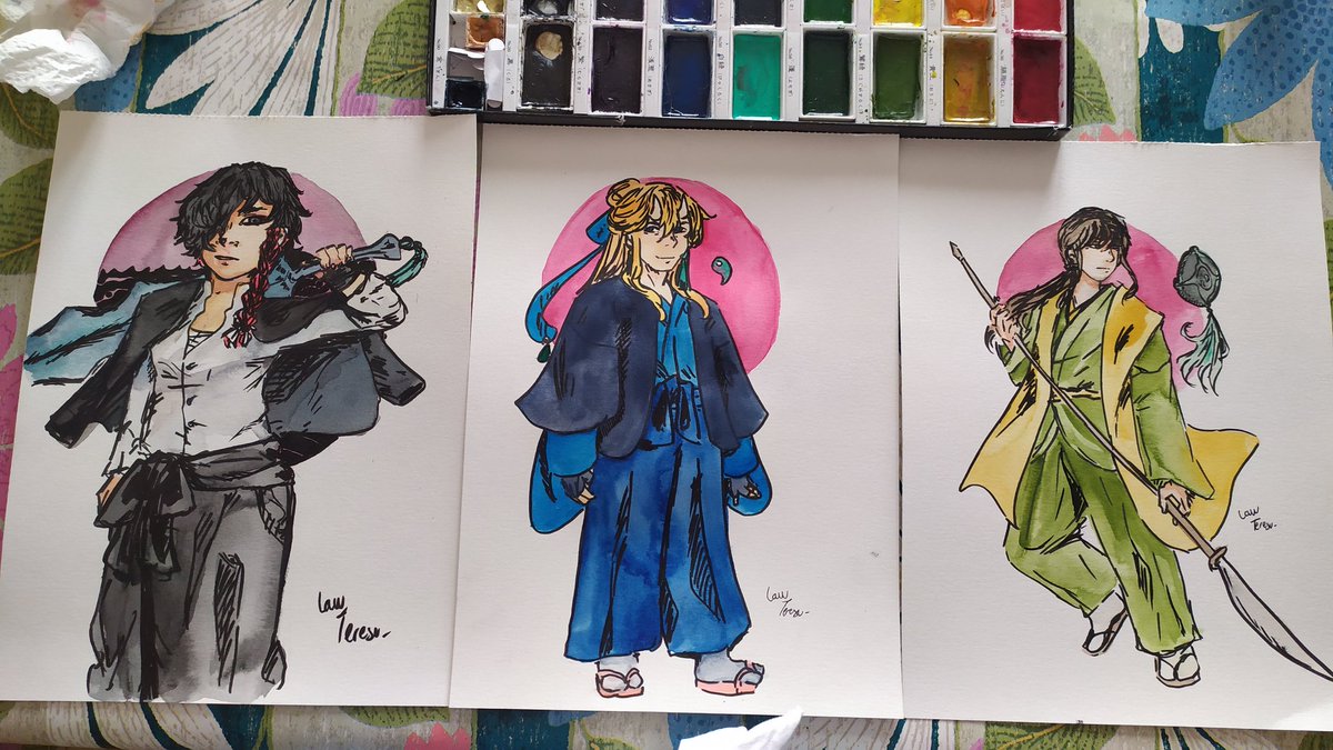 LawTeresu's tweet photo. Black Sun Heroes 

#watercolor #kuretake #originalart #japanesecharacters https://t.co/FS0603Vy1S