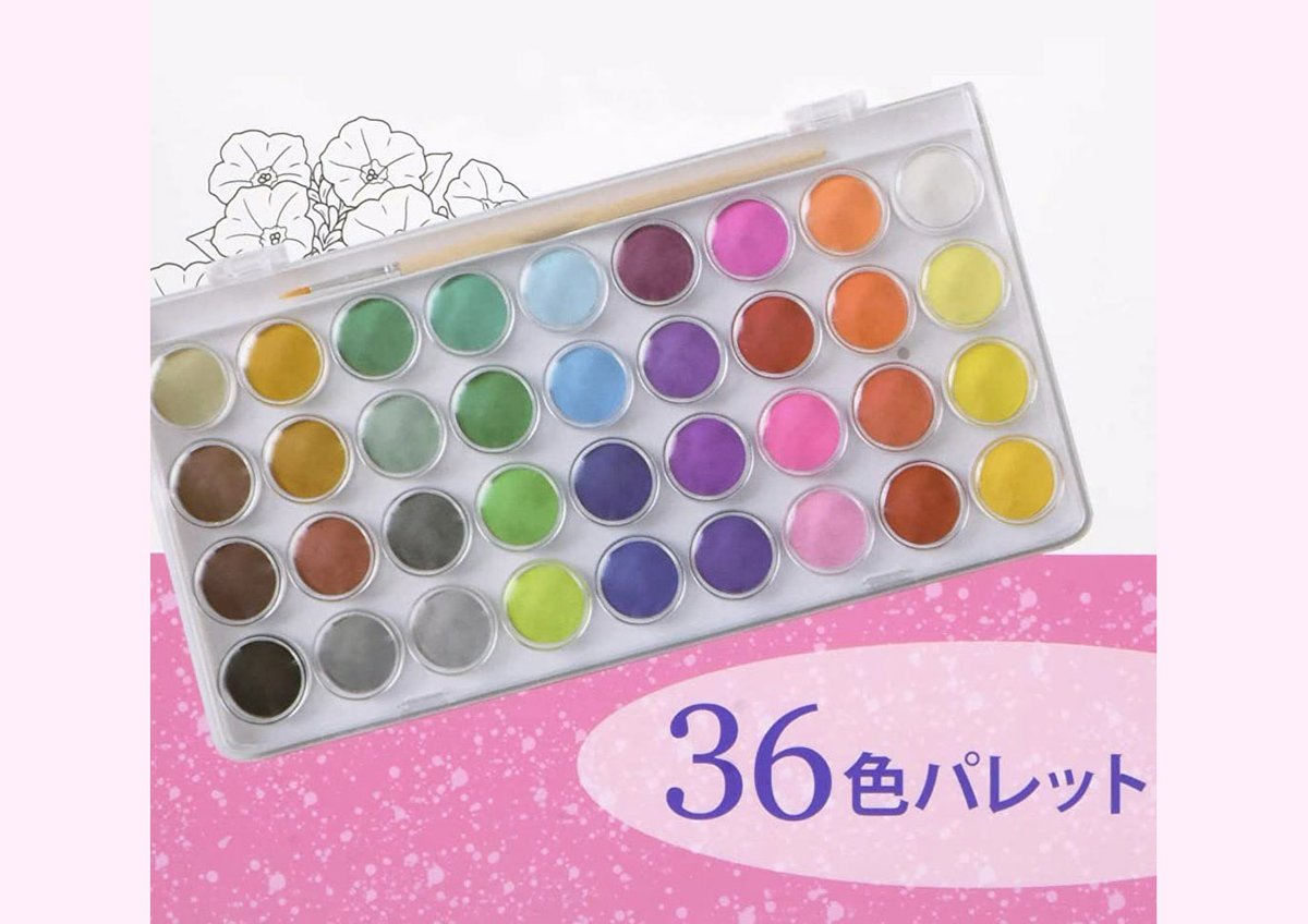 雑誌付録ダイアリー 花をえがこう やさしい水彩ぬりえセット 36色の水彩パレットがついた 水彩絵の具 で塗るぬりえ 塗り上がったらドライヤーであたためると線が消えます 絵の具の使い方や色塗りのコツも掲載 雑誌付録紹介ブログ T Co