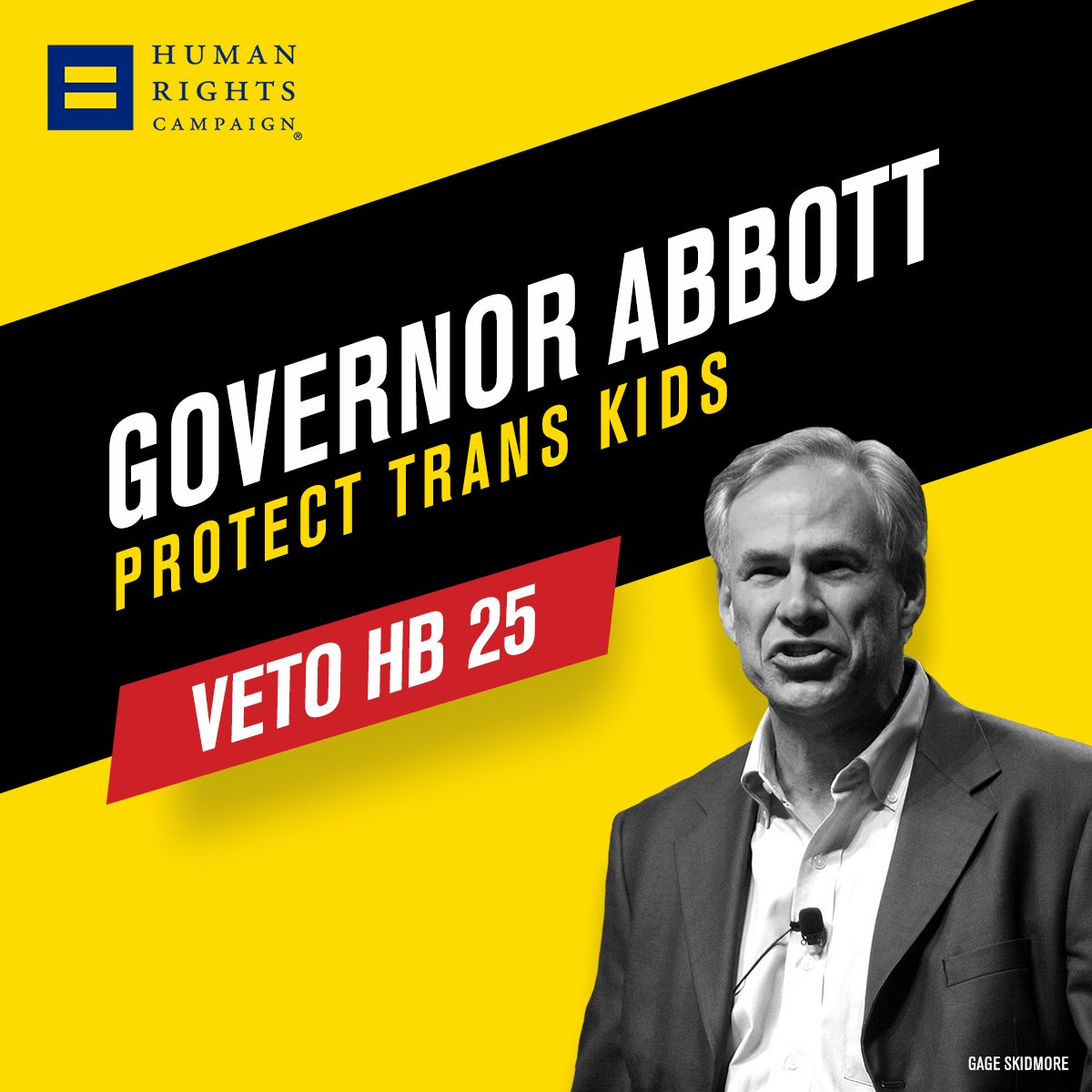 HRC's tweet photo. We’re calling on @GovAbbott to do the right thing and protect trans kids in Texas. Veto HB 25 and #LetKidsPlay. #txlege https://t.co/vcFUxJVzKk