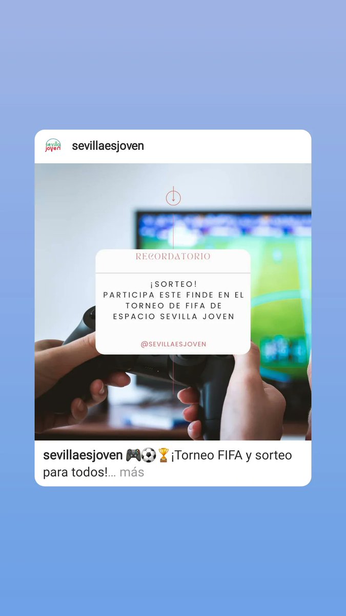 AsoAGOA's tweet photo. ¿Queréis echar unos Torneos Gratuitos de FIFA con premios? ¡Entrad en el Instagram de Sevilla Joven para obtener toda la información!

Más información y Centros Cívicos en: https://t.co/bfXii7vqL1

Actividad organizada por Juventud del @Ayto_Sevilla. https://t.co/DJTacSGFGv
