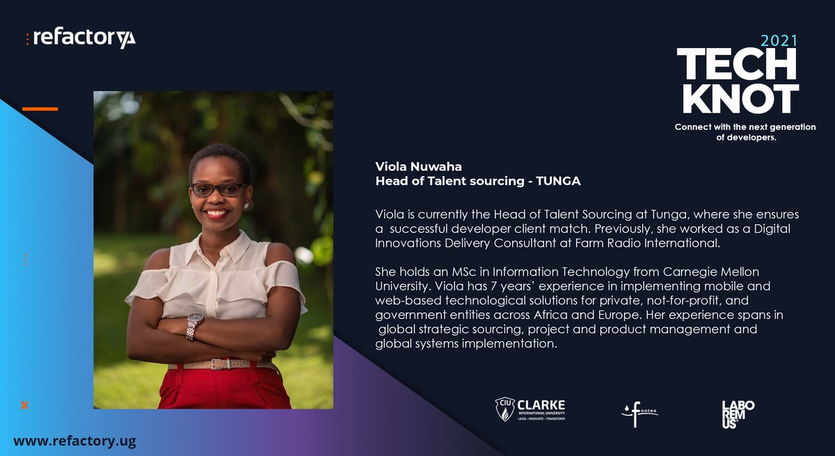 Our Keynote speaker at the 4 Edition of Techknot is <a href="/vnuwaha/">Viola Nuwaha</a>. Viola has 7 years’ experience in implementing mobile and web-based technological solutions for private, not-for-profit, and government entities across Africa and Europe. 
Join us this Thursday, gfrn8wzsvxt.typeform.com/to/Cv2QfAaM