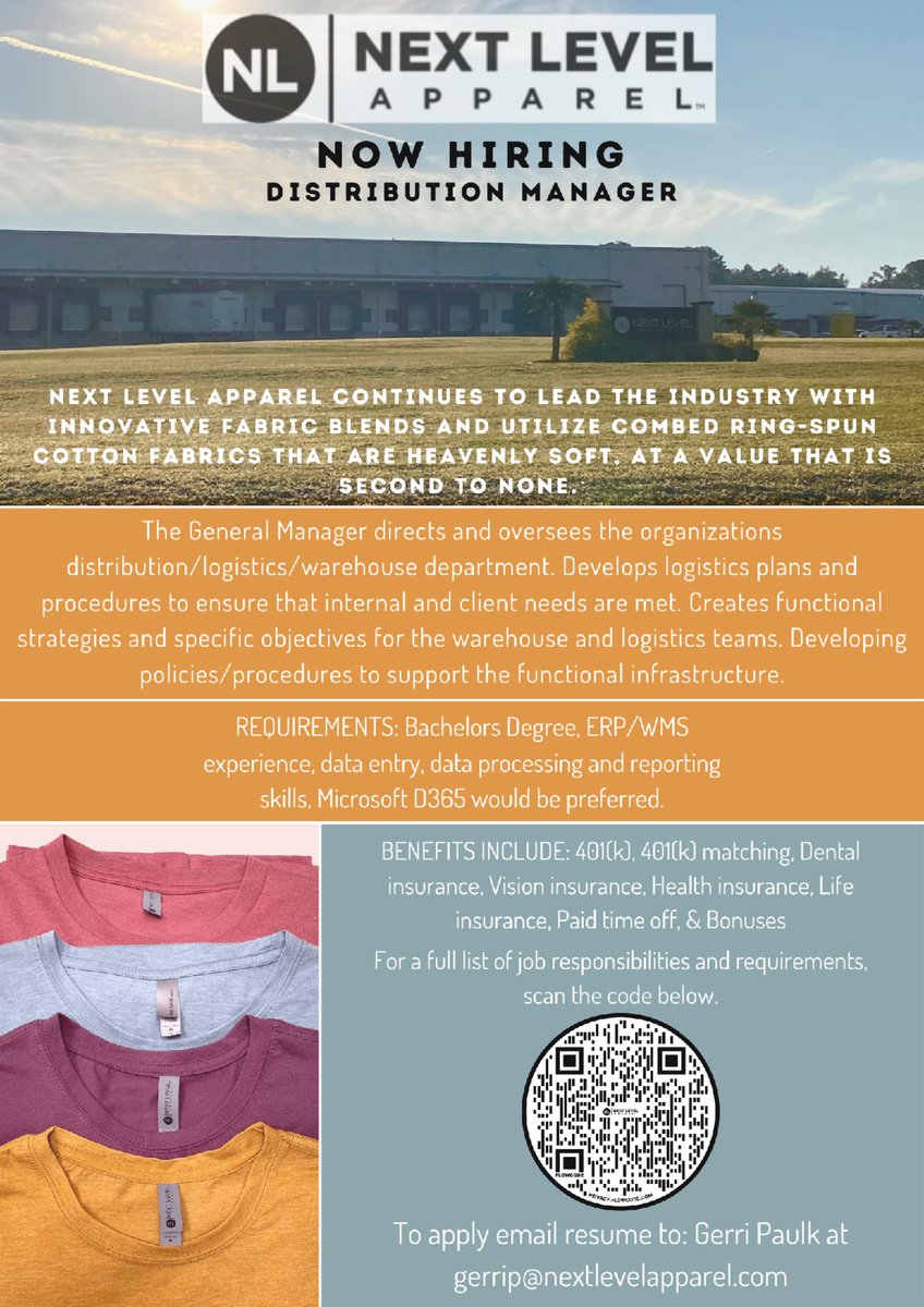 sealaworks's tweet image. Next Level Apparel in Ashford is hiring a Distribution Manager! If interested email your resume to gerrip@nextlevelapparel.com! #nextlevelapparel #hiring #distributionmanager #ashford #southeastalabamworks