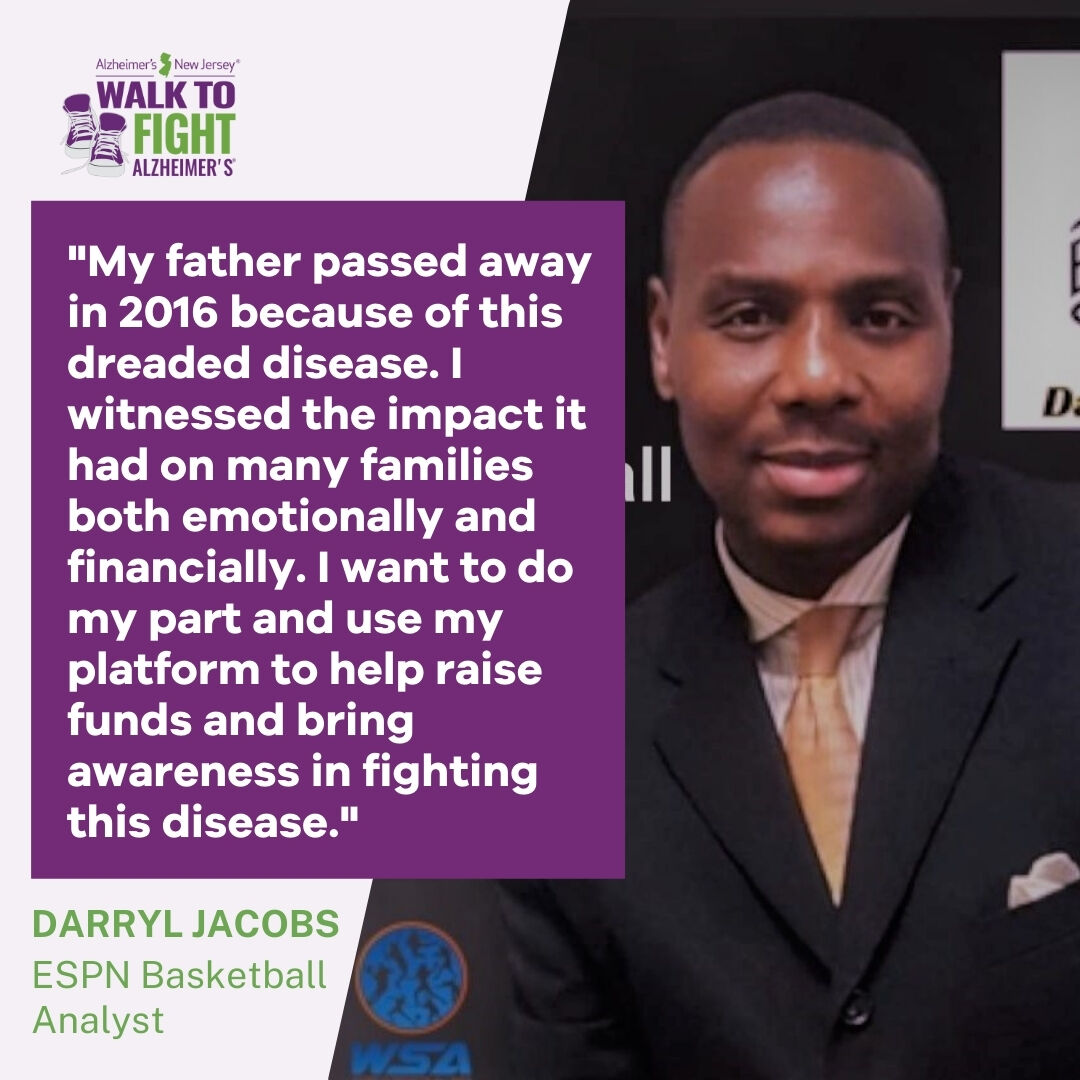 AlzheimerNJ's tweet photo. We're super excited to share that Darryl Jacobs, ESPN Basketball analyst, is going to be at our final walk of 2021.

Come out to join us, and meet Darryl, this weekend.

Register to join us here: https://t.co/aTGOI2mQDY

#Alzheimers #ALZNJ #AlzheimersAwareness #WalkToFightALZ https://t.co/10jtbUUDeq