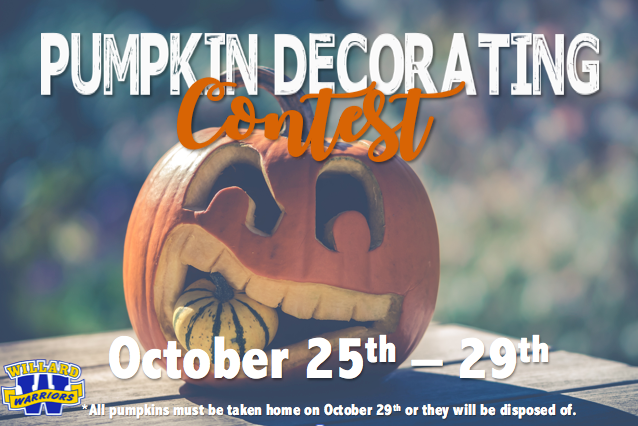 willardelem's tweet photo. Willard Families,
We are excited to announce that we will be having our Pumpkin Decorating Contest again this year for our Willard students.  Please see the picture below for more details.  Judging will take place on 10/29. https://t.co/In0VtsvtTA