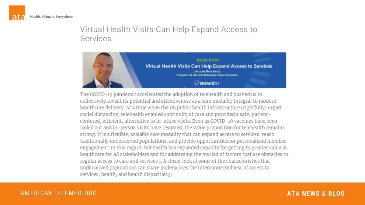 AmericanTelemed's tweet photo. Our member, @InovalonInc shares why data-informed, personalized engagement and outreach will keep #telehealth visits a success for both patients & providers: https://t.co/AH6ECPW5WO
#TelehealthBlog #ATABlog #TelehealthIsHealth https://t.co/itnwCRx4Ml