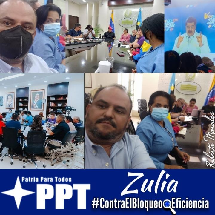 pptzuliaofi's tweet photo. Nuestros candidatos a  Diputados al CLEZ Alexander Villasmil y Elizabeth Molina Taylor presentes en recidencia oficial del Gobernador del Zulia Omar Prieto, en Videoconferencia con nuestro Presidente Nicolás Maduro Moros. #ContraElBloqueoMasEficiencia #ProducirEsLaClave https://t.co/i4BEP5aeuv
