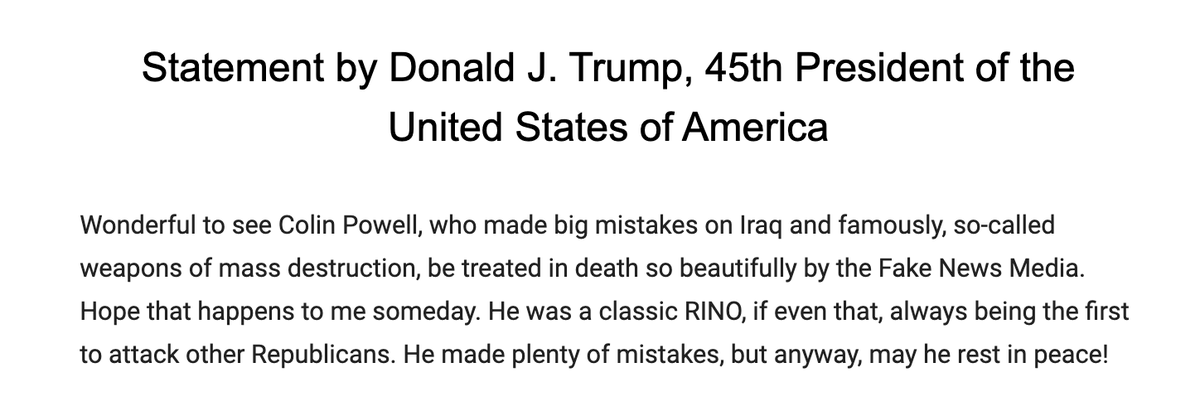 scottwongDC's tweet photo. Trump on Colin Powell: "He made plenty of mistakes, but anyway, may he rest in peace!" https://t.co/2dPUXi7xRH
