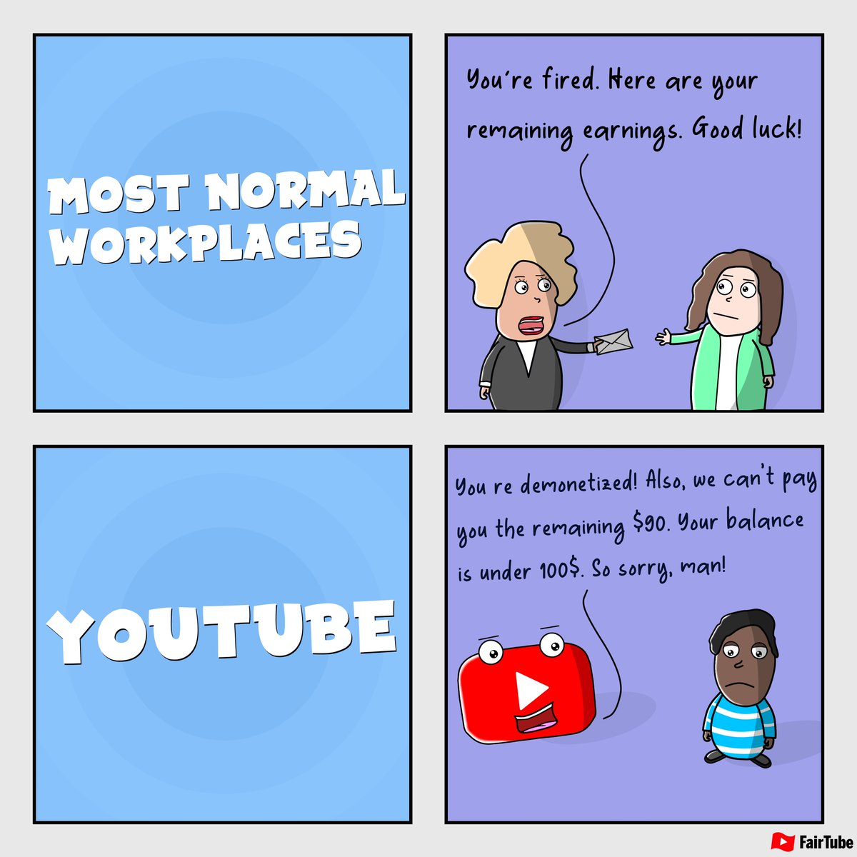 fairtube9000's tweet photo. YouTube is an income source and occupation for thousands of creators. They bring content and income to YouTube and should be treated much more fairly and respectfully. What do you think?
#equalcreators #FairTube https://t.co/IKIAlYLVkM