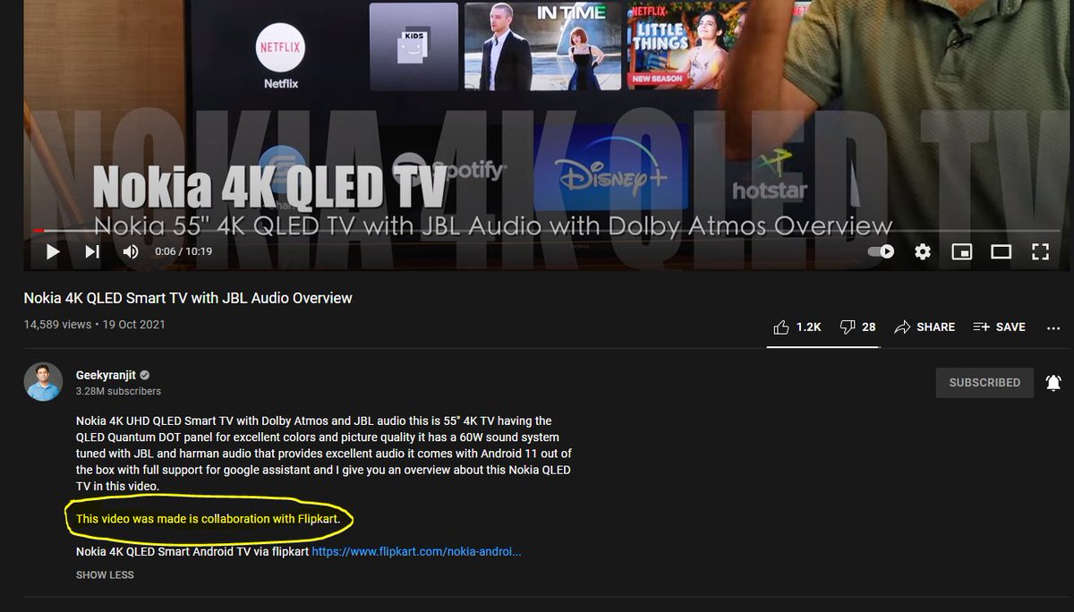 amitnsharma's tweet image. This video was made in Collab with 
@Flipkart 
 .
@geekyranjit
,considering the statement on this 
@nokia
 TV or any rev vid on 
@YouTube
 , w&apos;ld you adv ur SUBS to trust that all the +ves and the --ves have been  reviewed and that the --ves have not been withheld.
Please advice.