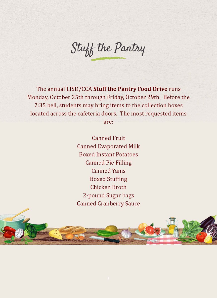 BluebonnetES's tweet photo. The annual LISD/CCA Stuff the Pantry Food Drive runs Monday, October 25th through Friday, October 29th. Before the 7:35 bell, students may bring items to the collection boxes located across from the cafeteria doors. Thank you for your generosity! https://t.co/BvZT4ZEmAG
