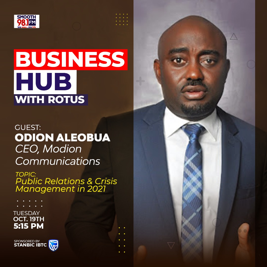 creatourban's tweet photo. Our CEO, @odionmatics will be live on @Smooth981FM's #BUSINESSHUB today, Tuesday, Oct. 19, 2021.
He will be speaking with @rotankwot, #judithatibi and @kayodebakerr on the topic - The Need For PR and Crisis Management in 2021.
Join us live on the show by 5:15pm. #ModionWay https://t.co/3ZCIMpqUkZ