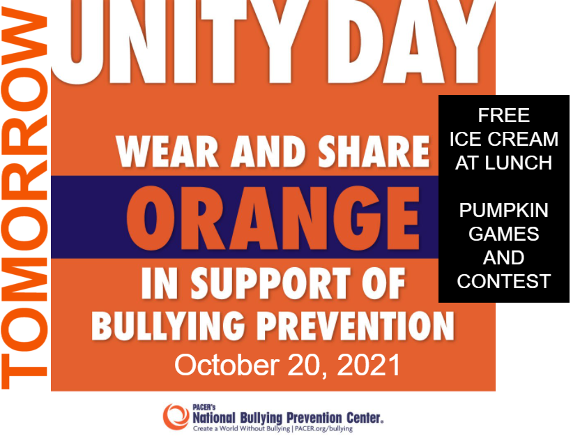 pthsonline's tweet photo. TOMORROW is the 10th Annual Unity Day - the signature event of National Bullying Prevention Month.  Please wear your orange!  Peers In Action will be serving FREE ICE CREAM during lunch!  And will have a Pumpkin Seed guess Contest and a Pumpkin Carving Contest. https://t.co/mJUdvyyvl4