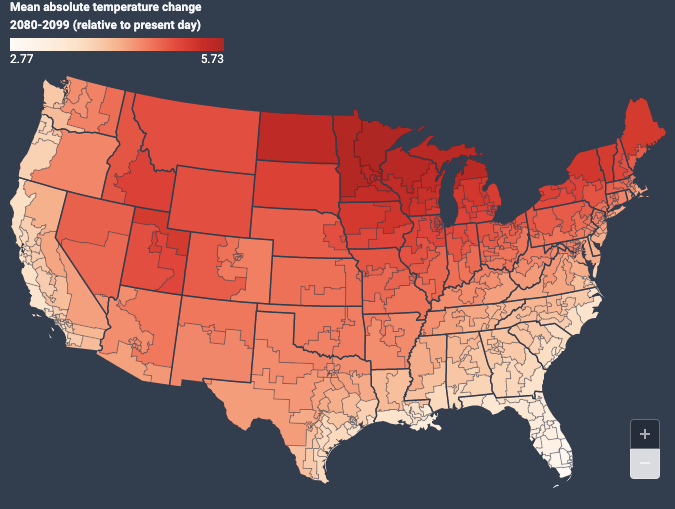CiceroAPI's tweet image. Which Congressional district will warm the most due to #ClimateChange? Our team did an analysis using Cicero data to locate the 5 congressional districts that will warm the most over the next 100 years: buff.ly/3FYttn3
