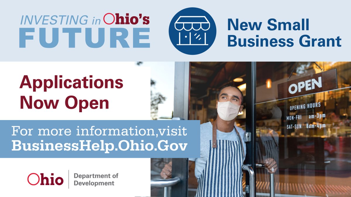 OhioDevelopment's tweet photo. Did you start a new small business in Ohio between Jan. 1, 2020, and Dec. 31, 2020?
You may be eligible for a grant of up to $10,000 through the New Small Business Grant program! 
Learn more and apply at https://t.co/Nyf02wRERl
#OhioSmallBusiness #OhioBusiness https://t.co/3MNyYbUEKp