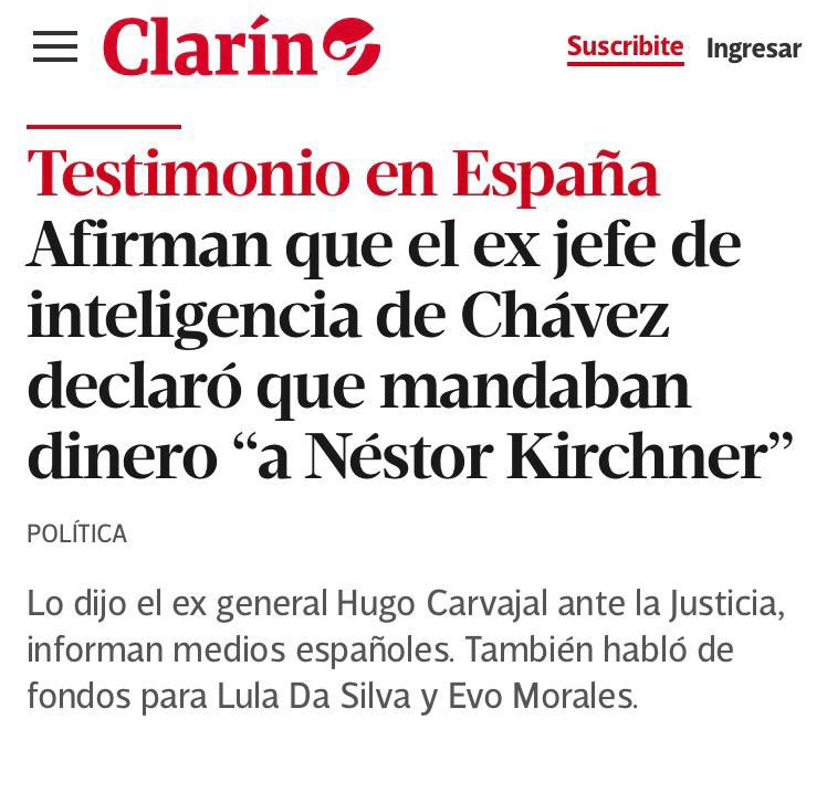 Rconstantino's tweet photo. Testemunho explosivo: O ex-chefe da inteligência de Chávez garantiu que enviaram dinheiro para "Néstor Kirchner na Argentina". Hugo Carvajal disse isso perante um juiz espanhol.  Ele também falou em recursos para Lula da Silva e Evo Morales. https://t.co/TW2nAjO79N