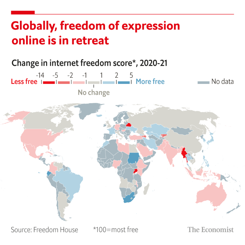 TheEconomist's tweet photo. In the past year efforts to control speech online escalated in 30 of the 70 countries Freedom House monitors, and it receded only in 18. 

Read how governments are finding new ways to squash free expression online 👇