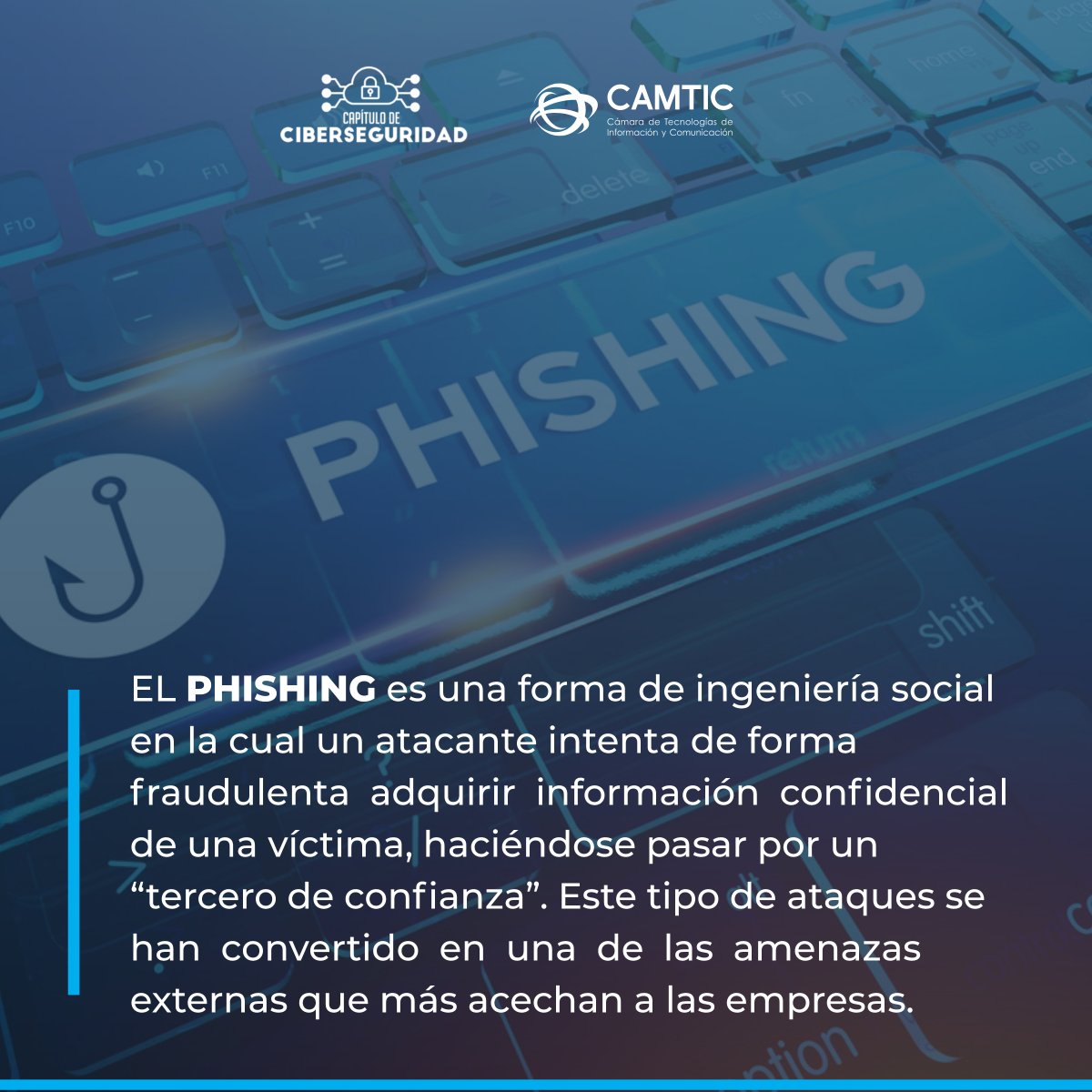 CAMTIC's tweet photo. ¿Sabe qué es el Phishing? Conozca los riesgos, y recomendaciones, los cuales estaremos compartiendo esta semana como parte del mes de la concientización en Ciberseguridad y gracias al Capítulo de Ciberseguridad.
#ciberseguridad #ticcostarica #camtic #tipciberseguridad #phishing https://t.co/ypk1vrijkX