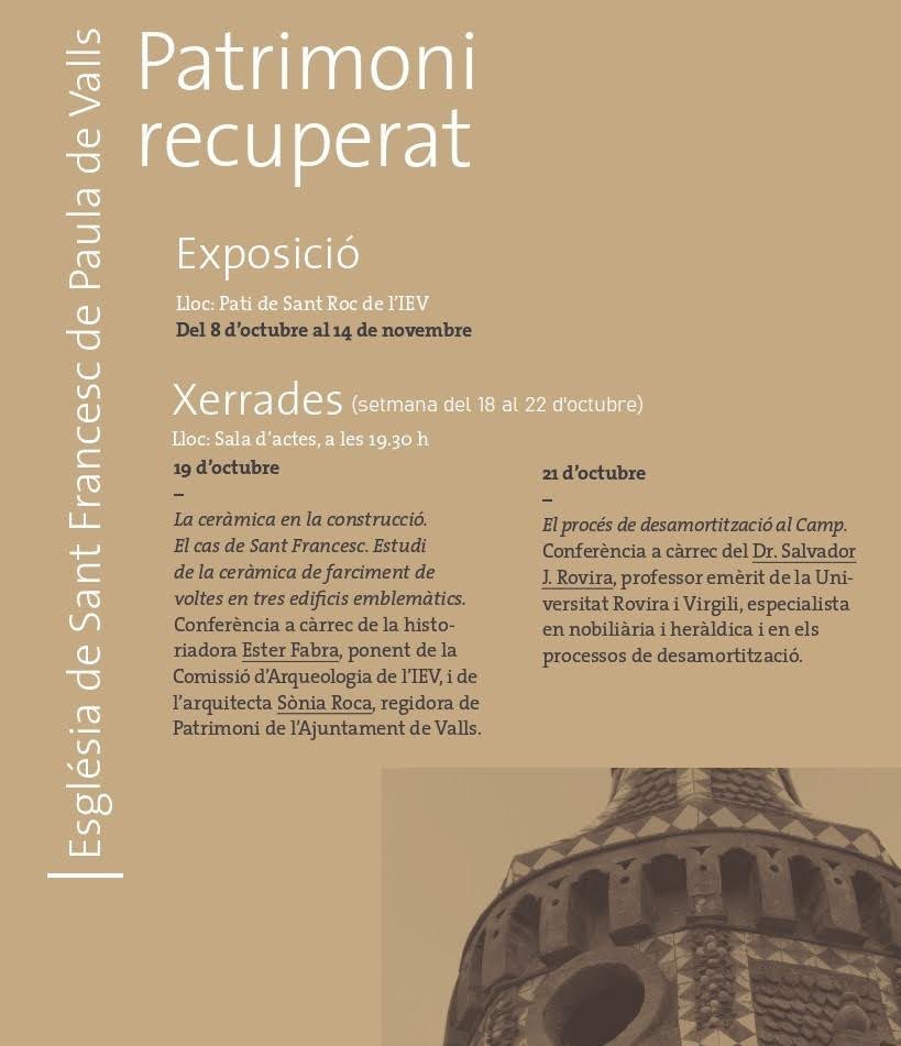 IEV_Valls's tweet photo. Avui a @IEV_Valls l’arqueòloga Ester Fabra i l’arquitecte @srocad ens parlaran de la importància de la ceràmica en el farciment de les voltes de #stFrancesc i altres edificis de Valls. A les 19:30h a l’IEV! @CulturaValls @COACatalunya @VallsAjuntament @CentreLectura https://t.co/3NOcI4XN15
