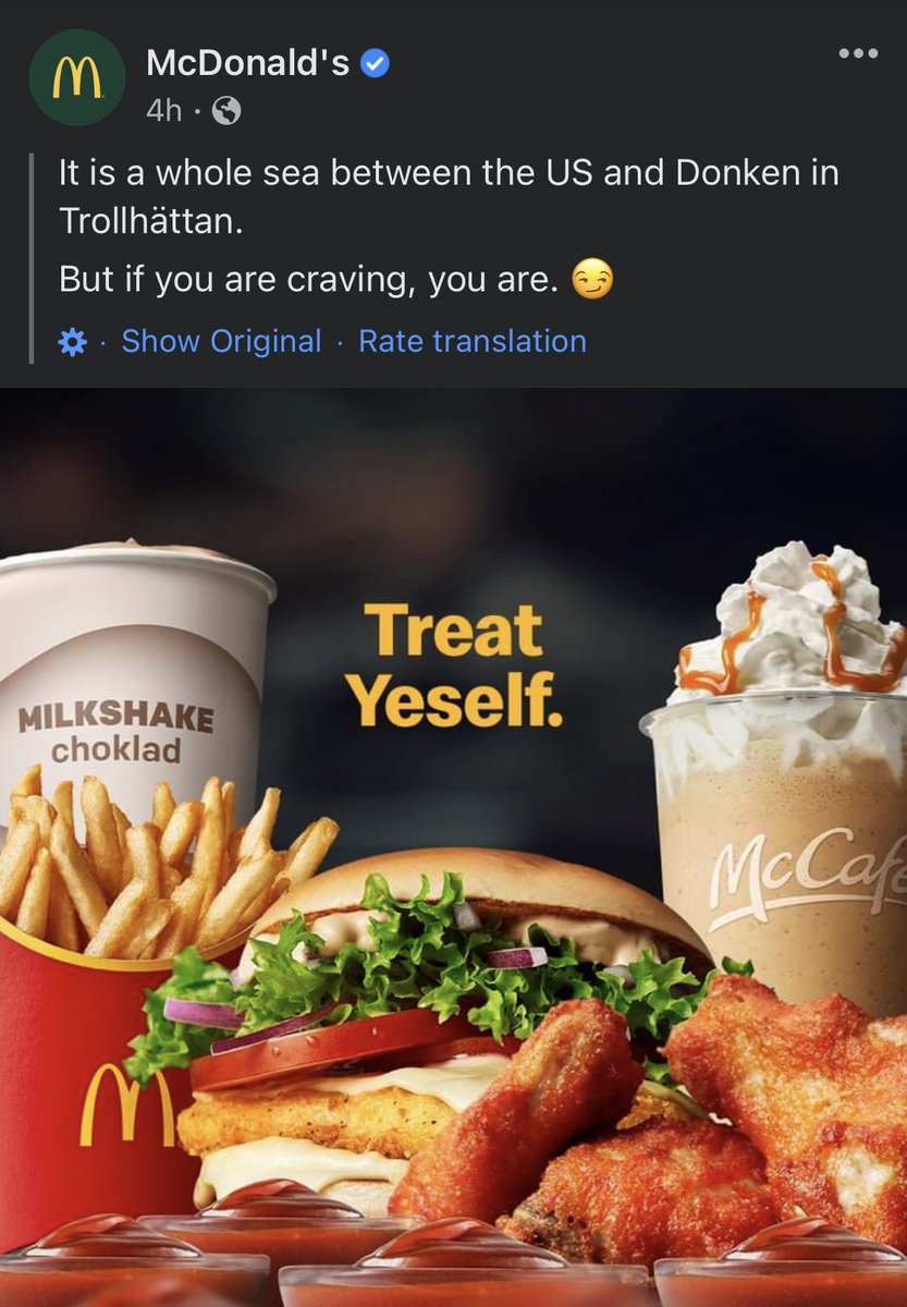 The McDonalds in Sweden has now made an advertising campaign based on Ye’s recent order and they’re using the slogan "Treat Yeself" 🍟😂