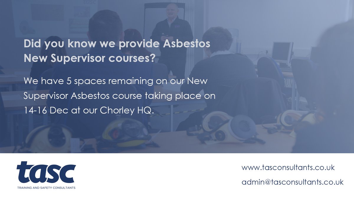 TASC_training's tweet photo. Did you know we provide Asbestos New Supervisor courses? We have 5 remaining spaces left on our December course.

Book now! Please email: admin@tasconsultants.co.uk or click here to find out more: https://t.co/dEXLX1PEm8

#asbestos #asbestosremoval #asbestostraining https://t.co/QMGdk2HXXB