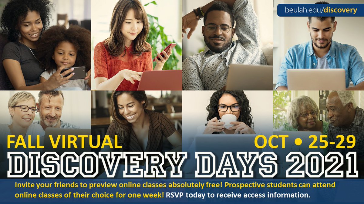 Discovery Days serve as a great opportunity to learn more about BHU all from the comfort of your home. RSVP today to experience some of our highlighted classes this fall.

Go to beulah.edu/discovery
#BHUStrong #Summer #DiscoveryDays #VirtualClasses