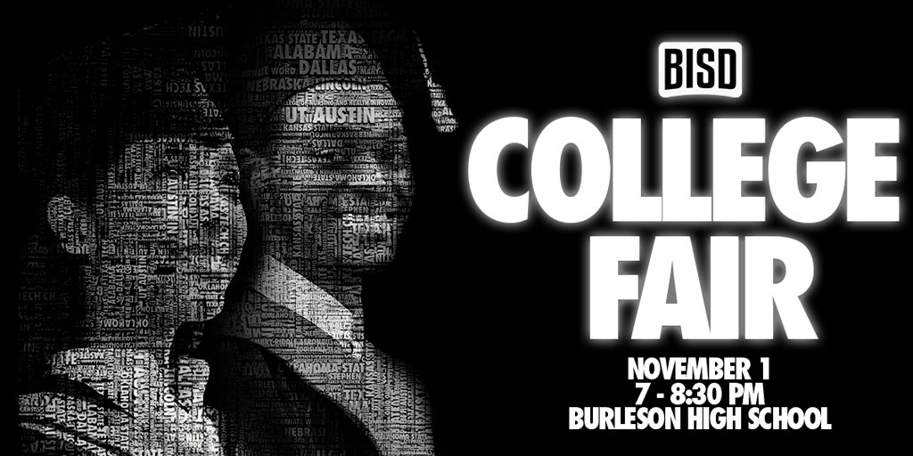 <a href="/BurlesonISD/">BurlesonISD</a> families - the BISD College Fair is Monday, Nov 1 from 7-8:30 pm @ BHS.  Register now and select this fair when registering: Monday, November 1, 2021’s “Fort Worth and El Paso In-person Fair.” 

bit.ly/BISDCollegeFai…