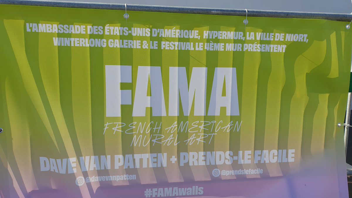 Mairie_Niort's tweet photo. Top départ auj. pour le projet French American Mural Art à #Niort. @Mairie_Niort et le festival #Le4eMur @Winter_Galerie sont sélectionnés par Hypermur + l'ambassade des États-unis pour accueillir @davevanpatten + Prends Le Facile qui peindront cette semaine un nouveau mur ici 👇 https://t.co/IwVw2RiU2L