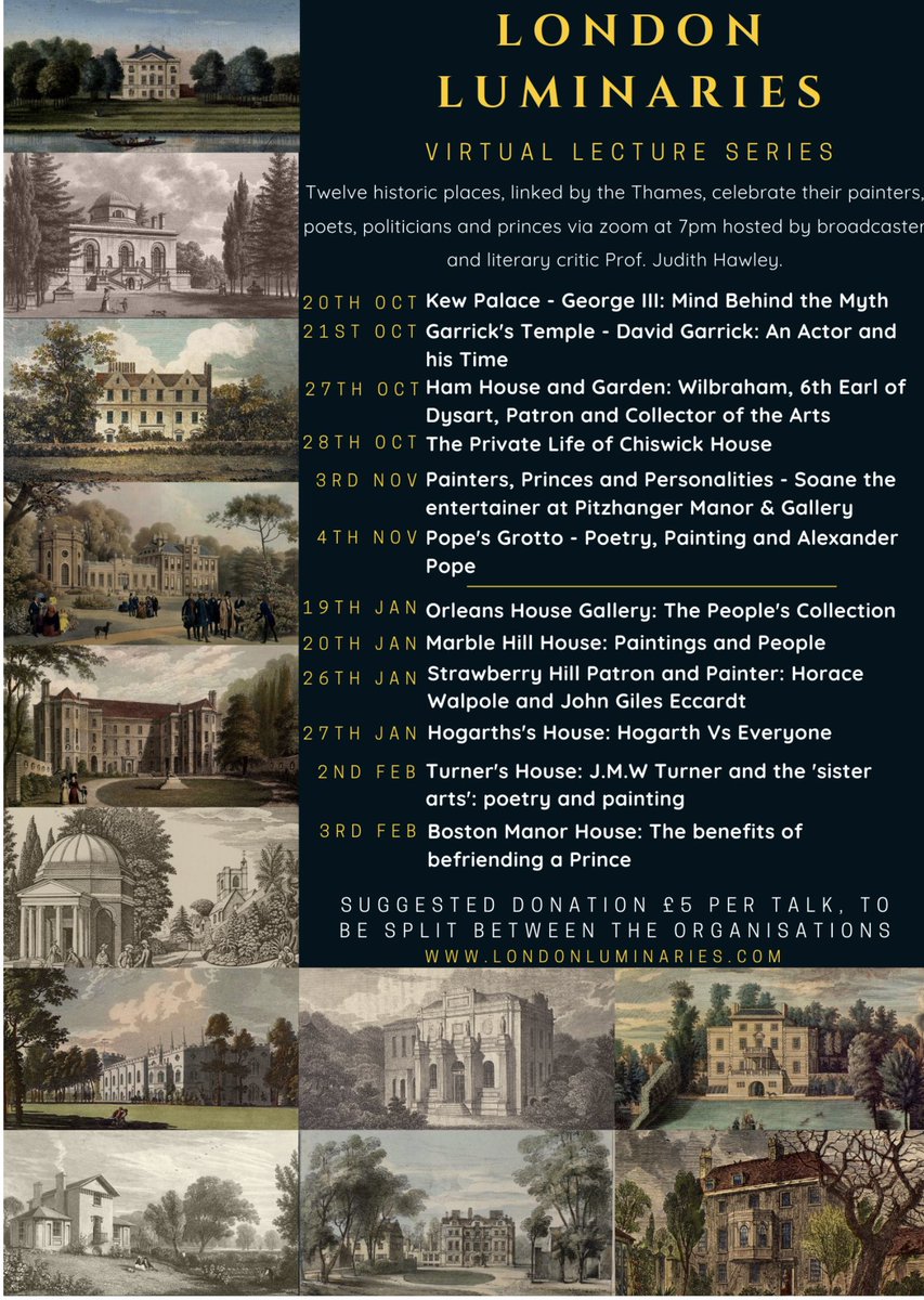 The London Luminaries talks begin tomorrow, Wednesday 20th October, with a talk by <a href="/rachmackay/">Rachel Mackay</a> on King George III at <a href="/KewPalace/">Kew Palace</a>. This is just 1 of 12 zoom talks that make up this outstanding series, the theme being Princess, Poets and Painters. Tickets- londonluminaries.com