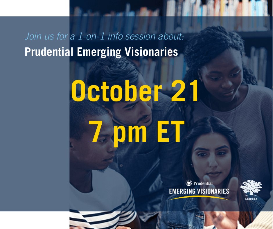 Want to learn more about Prudential Emerging Visionaries? Join us for a 1-on-1 info session about the opportunity on Thursday October 21, here: us02web.zoom.us/j/86266602045?…

Meeting ID: 862 6660 2045
Passcode: makechange

#PruEmergingVisionaries

@pruemergingvis
