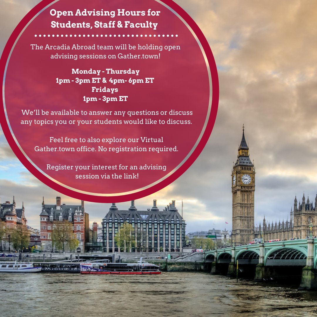 The Arcadia Abroad team will be holding open advising sessions on Gather.town to answer any questions you may have!

You can also jump on and explore our Virtual Gather.town office. No registration required. 

Register here - bit.ly/3BYoVL1
