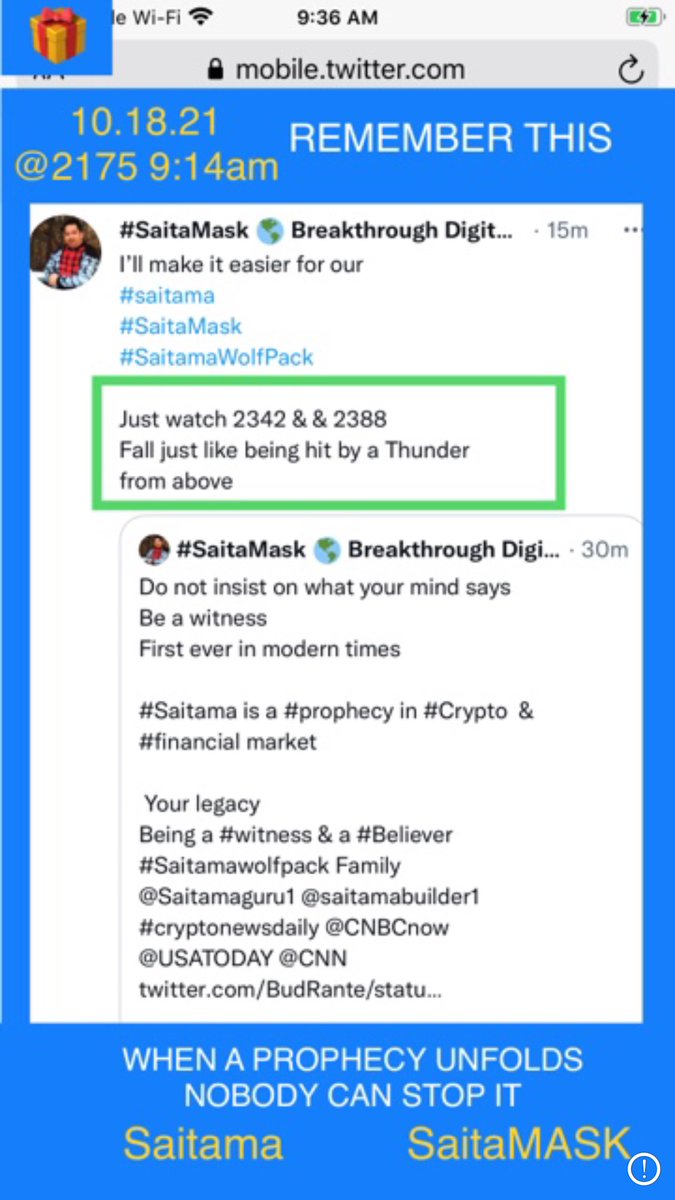 BudRante's tweet photo. Are u IN
#Saitama 
#SaitaMASK 
#SaitamaWolfPack 

Read carefully &amp; digest it 
not a #GIF

@USATODAY
@CNBCnow
@CNBCClosingBell @CNN
@SquawkCNBC $BTC
#Crypto #cryptocurrencies #cryptonewsdaily @Saitamaguru1 @saitamabuilder1 @SAITAMAVERN @CuffinTheDip2xs @crypto_deb @JadeMontano10 https://t.co/x0q4xwfiyI