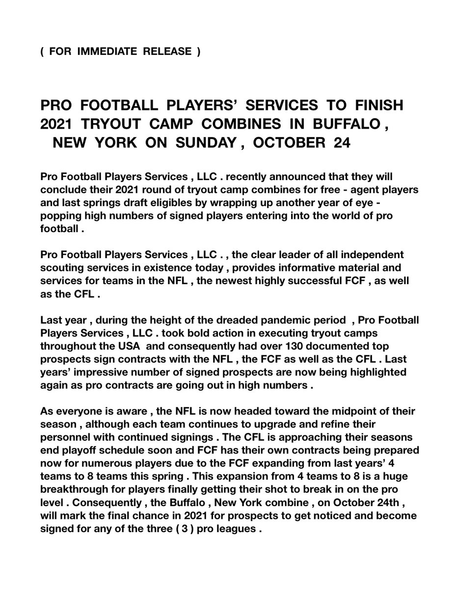 ProFootballPla4's tweet photo. Final Free Agent Workout 
Sunday October 24
Buffalo, NY

Details and registration here https://t.co/b2WRfDofhX https://t.co/tQGv0irlmJ
