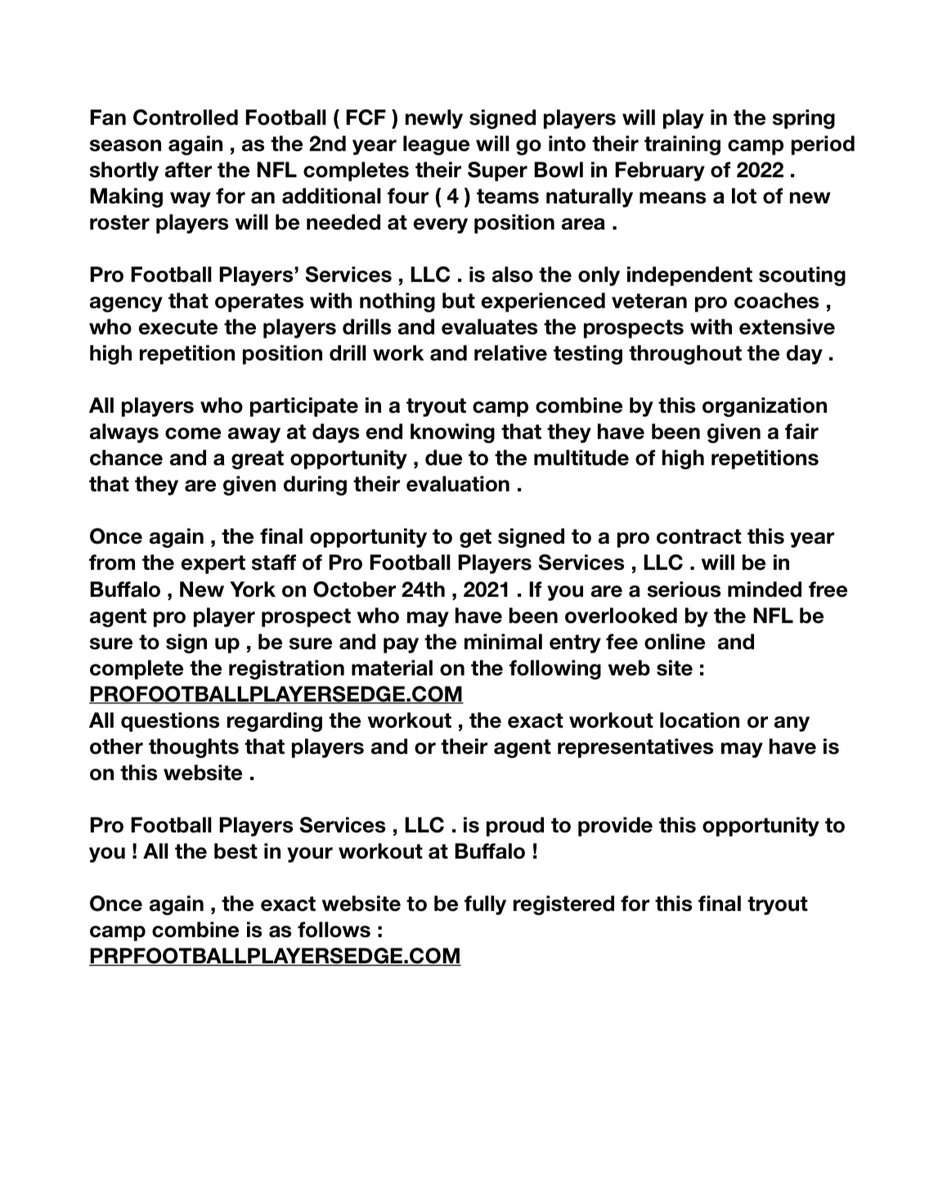 Final Free Agent Workout 
Sunday October 24
Buffalo, NY

Details and registration here profootballplayersedge.com/register_now.p…