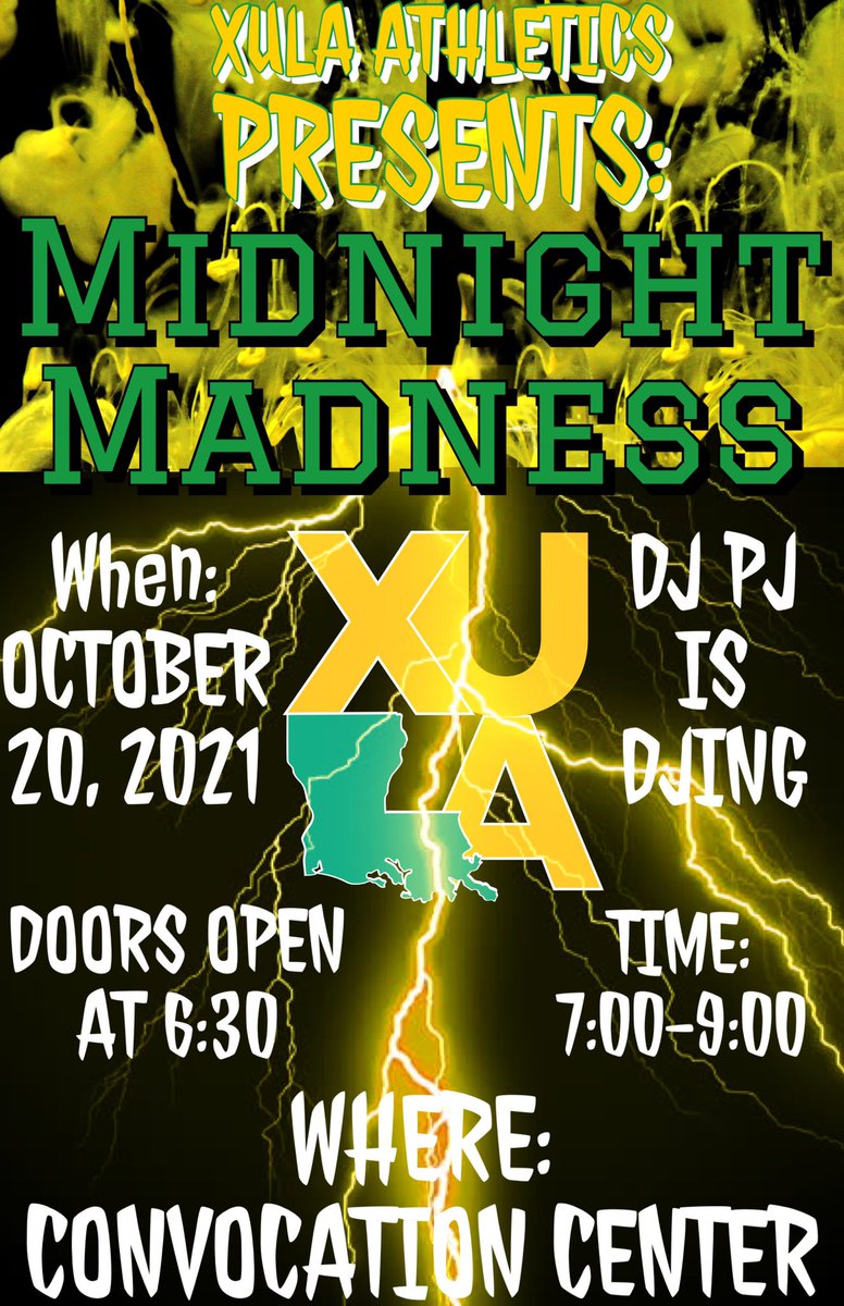 XGoldmine's tweet photo. XAVIERITES!!!! Tomorrow is Midnight Madness where you will be able to meet the players on ALL of our amazing sports teams here at XULA🖤💛 There will be free prizes, t-shirts and performances from our band and cheerleaders 📣 Be there or hear about it🗣🗣 https://t.co/O3iTiPurh7