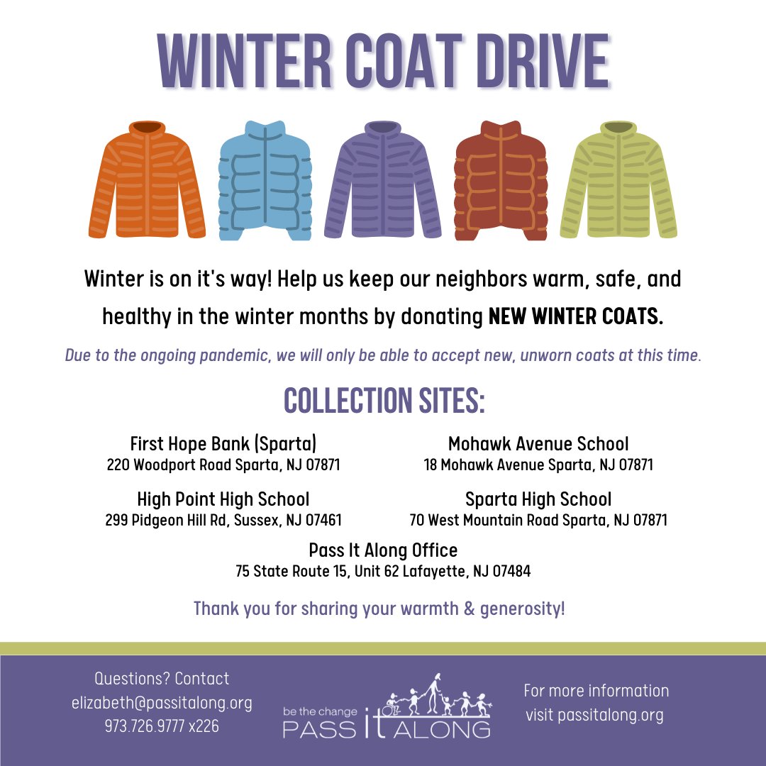 Pass_It_Along's tweet photo. Pass It Along is excited to start our annual coat drive in partnership with Project Self Sufficiency! Please consider donating a NEW coat at one of our drop-off locations between now and November 12th and help keep our neighbors warm, safe and healthy! https://t.co/CLXyecLQ7n
