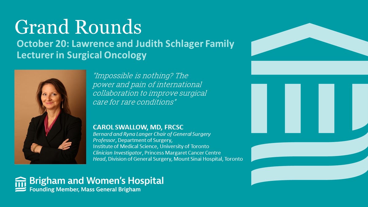 Brigham and Women’s Department of Surgery (@brighamsurgery) on Twitter photo We welcome Carol Swallow, MD, from <a href="/UofTSurgery/">U of T Department of Surgery</a> who is the 2021 Lawrence and Judith Schlager Family Lecturer in Surgical Oncology and will be presenting #GrandRounds tomorrow October 20! We welcome Carol Swallow, MD, from <a href="/UofTSurgery/">U of T Department of Surgery</a> who is the 2021 Lawrence and Judith Schlager Family Lecturer in Surgical Oncology and will be presenting #GrandRounds tomorrow October 20!