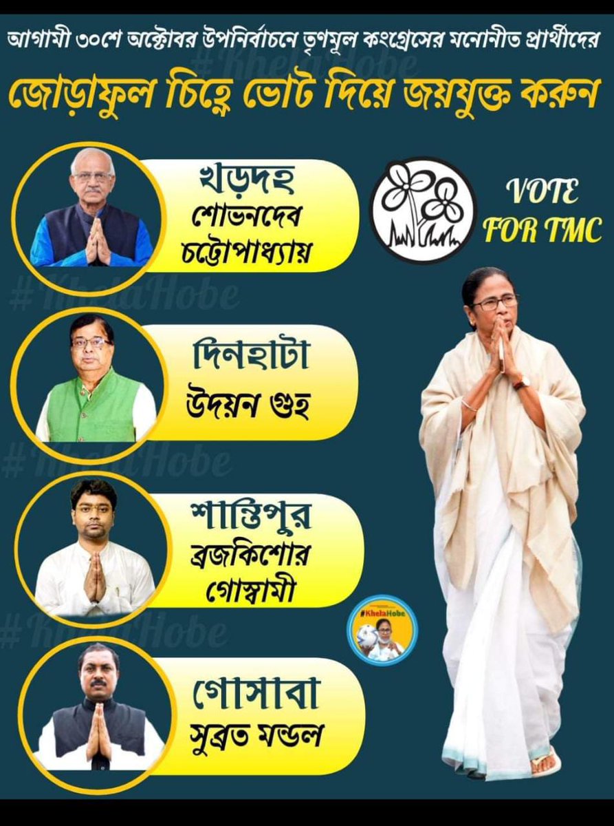 Ruidas_Prativa5's tweet photo. আসন্ন বিধানসভা উপনির্বাচনে সর্বভারতীয় তৃণমূল কংগ্রেসের মনোনীত প্রার্থীদের জোড়াফুল চিহ্নে ভোট দিয়ে বিপুল ভোটে জয়যুক্ত করুন।

#VoteForMamataBanerjee
#VoteForTMC
#VoteForDevelopment 

@AITCofficial 
@WBTMCPofficial https://t.co/v0skzWWFwv
