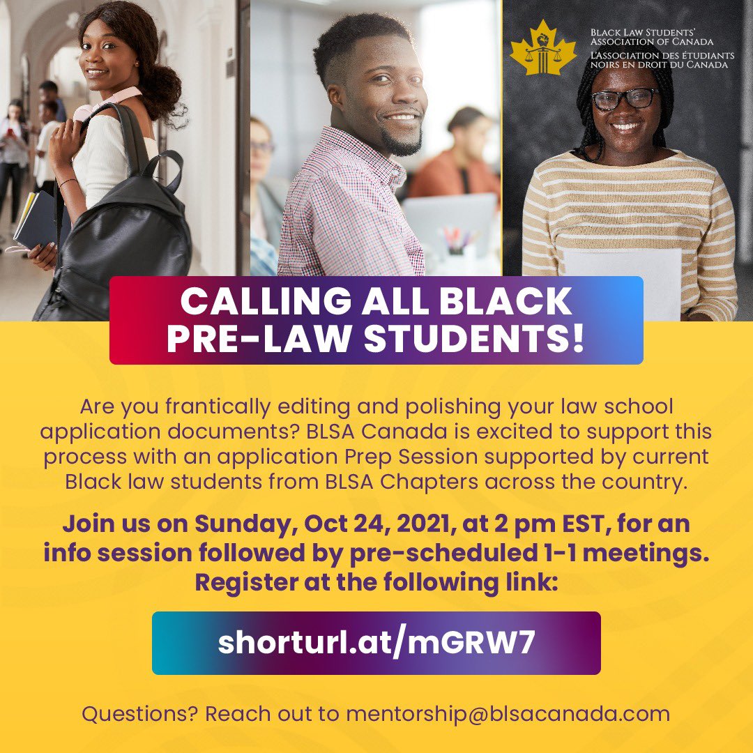 Are you frantically editing and polishing your law school application documents? BLSA Canada is excited to support this process with an application Prep Session supported by current Black law students from BLSA Chapters across the country. shorturl.at/mGRW7