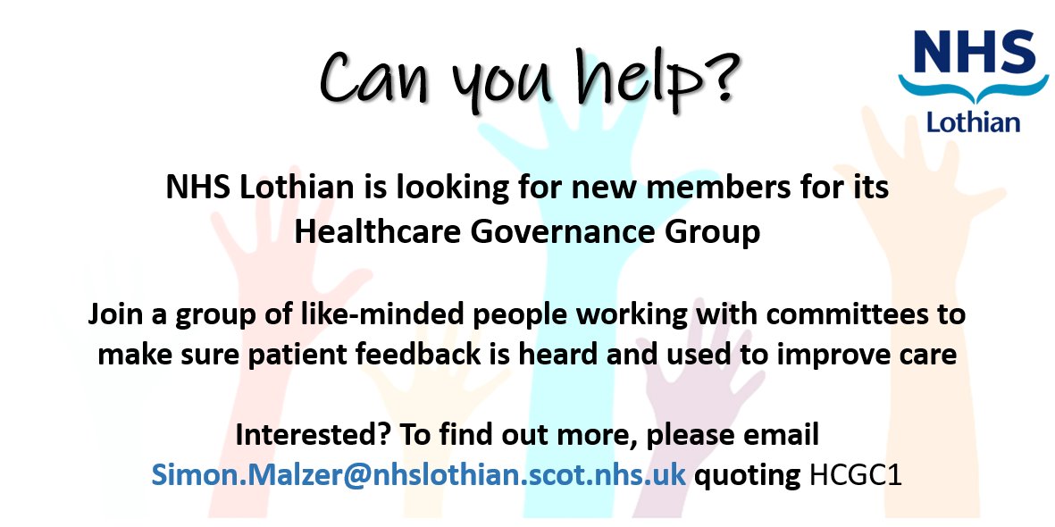 HIS - Community Engagement (@hisengage) on Twitter photo .<a href="/NHS_Lothian/">NHS Lothian</a> is looking for new Healthcare Governance Group members. Join a group of like-minded people working with committees to make sure patient feedback is heard and used to improve care
For more info, email Simon.Malzer@nhslothian.scot.nhs.uk quoting HCGC1 .<a href="/NHS_Lothian/">NHS Lothian</a> is looking for new Healthcare Governance Group members. Join a group of like-minded people working with committees to make sure patient feedback is heard and used to improve care
For more info, email Simon.Malzer@nhslothian.scot.nhs.uk quoting HCGC1