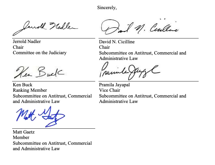matthewstoller's tweet photo. House Antitrust Committee members sent a letter to Amazon noting Jeff Bezos may have committed perjury over the firm's copycatting of products and rigging of its search engine. Guess who is not on the letter? Supposed anti-big tech hero Jim Jordan. https://t.co/z9OtQhzZXE https://t.co/kslPNb2Lc3