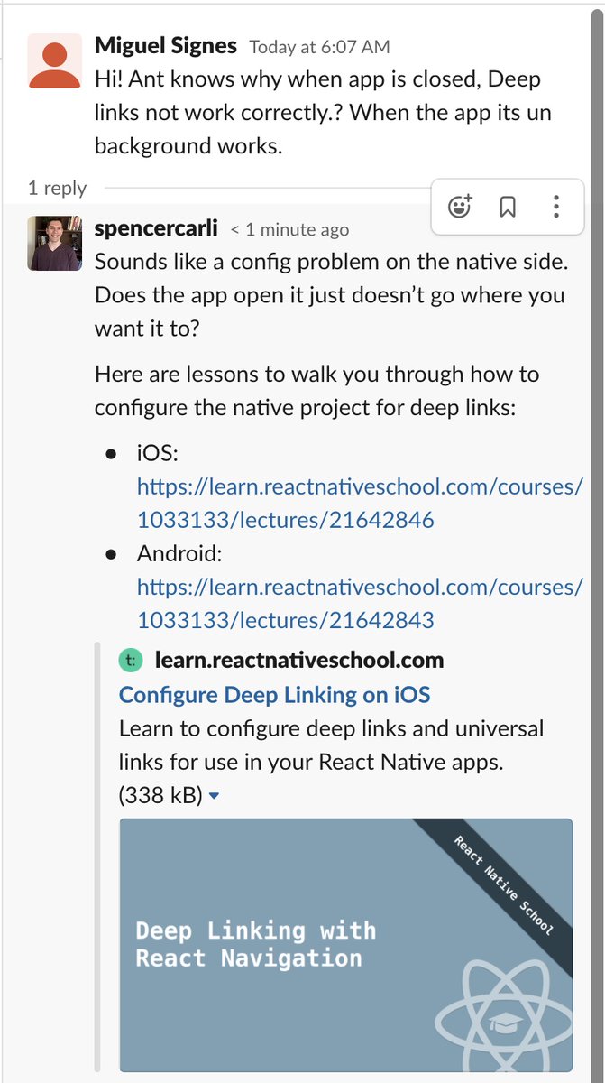 Love being able to just link to lessons within React Native School when someone has a question