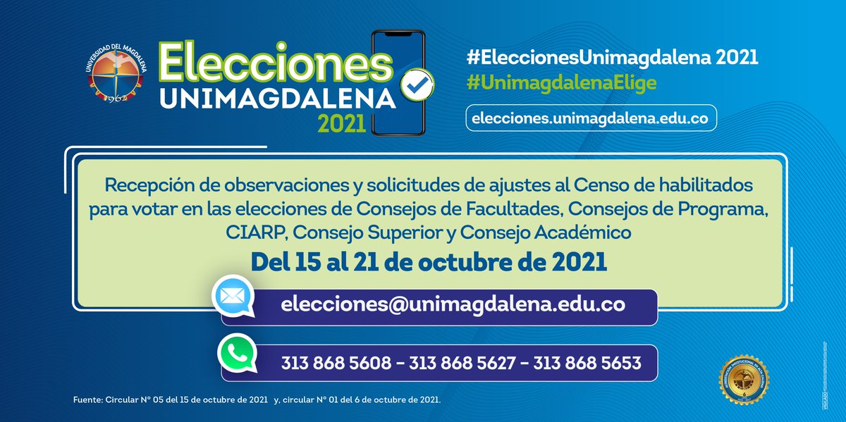 Unimagdalena's tweet photo. ¡Atención comunidad UNIMAGDALENA!
El Comité de Garantías publicó el censo de habilitados para votar: https://t.co/pY73ne23Ic 
👉Ten en cuenta la fecha límite y el medio por el cual podrás hacer observaciones y solicitudes de ajustes. 
#UnimagdalenaElige
#UMSiembraTransparencia https://t.co/yd2wjMWJ0Y