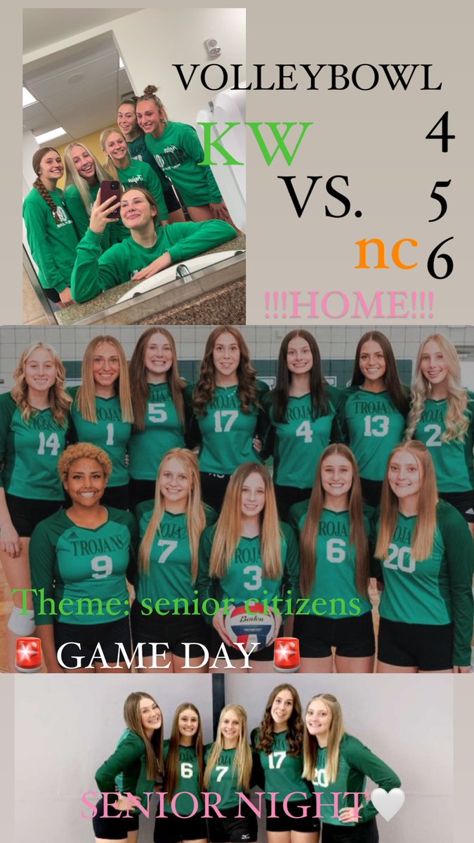 GAME DAY
AT KELLY WALSH 
KW vs. NC
<a href="/4/">w</a>
<a href="/5/">Reserved</a>
<a href="/6/">Adrián Lamo</a>
THEME: senior citizens👴👵
SENIOR NIGHT💗
VOLLEYBOWL💚💛🏐